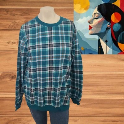 Blair Women’s Green Black Plaid Pullover Sweatshirt Lightweight Long Sleeve Top - Image 1 of 4