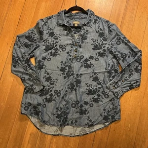 Damen XL Übergröße Denim Blumendruck Bluse Top Krawatte Ausschnitt transparenter Stil Co. - Bild 1 von 6