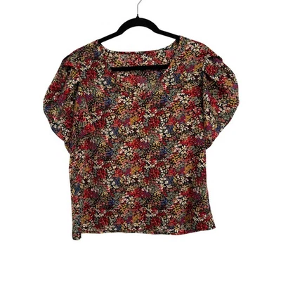 Shein女式M波西米亚时尚花卉袖口短袖衬衫秋装开花Cottagecore — 第 1/4 张图片