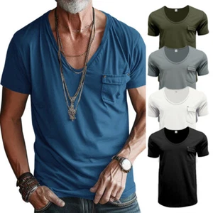 Camiseta Para Hombre Manga Corta Clásica Informal Suelta Cuello en V Camisas Pullover Bolsillos - Imagen 1 de 17