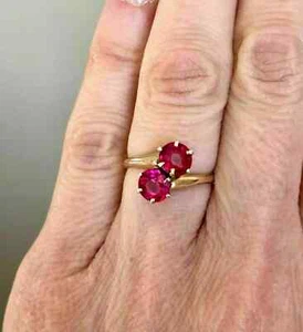 3Ct Round Cut Ruby Lab Created Diamond 14K Yellow Gold FN Two-Stone Wedding Ring - Picture 1 of 7