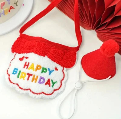猫狗可爱生日服装套装帽子和围兜/头巾派对用品 2 件红色 — 第 1/4 张图片