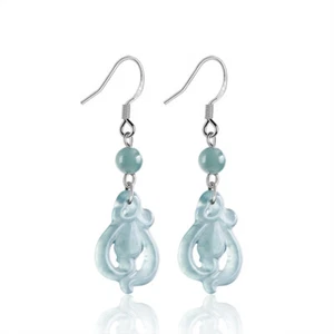 Blue Myanmar Jade Flower Earrings Vintage Charm Amulet 925 Silver Emerald - Picture 1 of 6