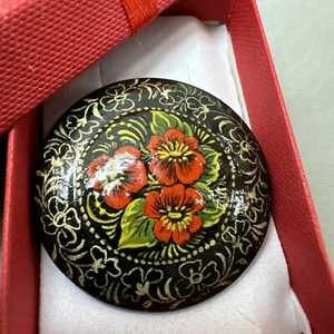 Vintage antike russische schwarze lack Blumenmuster Gold RUND handbemalt Mohnbrosche - Bild 1 von 7