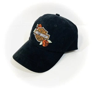 Mujer HARLEY DAVIDSON SOMBRERO FLOR negro GAMUZA FALSA papá relajado gorra cola de pony Usado en excelente condición - Imagen 1 de 11