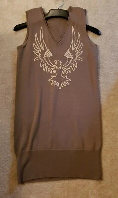 Sandro  Sweater Dress Tunic Taupe knit Sleeveless Eagle Embroidery Bedazzle  - Image 1 of 4