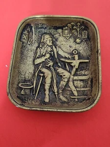 Antique Cast BRONZE European Tavern Scene Trinket DISH - Man with Umbrella - Picture 1 of 10