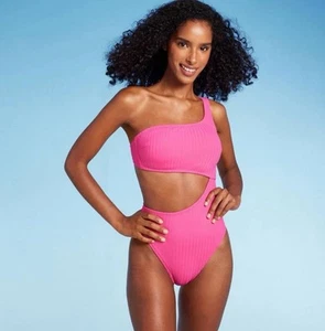 WOMEN’S RIBBED ONE SHOULDER CUT OUT ONE PIECE SWIMSUIT-SHADE & SHORE, HOT PINK M - Picture 1 of 3