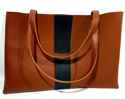 Pre-Owned Vince Camuto Brown Black Stripe Vegan Leather Tote Shoulder Bag - Image 1 of 4