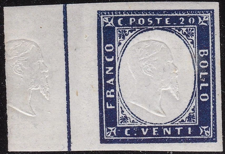 1862 SARDINIA, no. 15E 20 cent. indigo MNH/** EFFIGY ON SHEET EDGE - Image 1 of 1