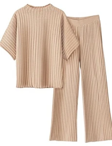 2 Piece Outfit Sweater Sets Knit Sleeveless Pullover Top High Large, Khaki C405 - Picture 1 of 4