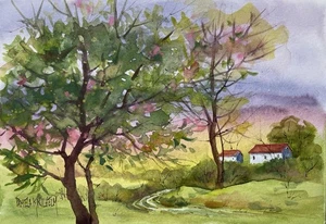 Original Pamela Wilhelm 5”x7” Watercolor & Ink Loose Spring Country Landscape - Picture 1 of 1
