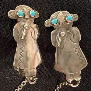 Native American Sterling Silver Turquoise Kachina Sweater Clips 1-1/4” 13.2g - Picture 1 of 7