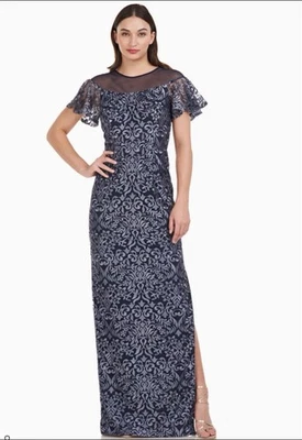 JS Collections Blue Metallic Illusion Yoke Scroll Embroidered Gown NWOT Size 2 - Image 1 of 4