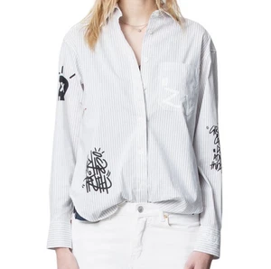 Zadig Voltaire Tais Raye XS Button Up Shirt Stripe Girl Power Designer weiß - Bild 1 von 15