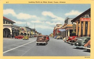 Carros de colección Main St Budweiser's Sign Street Scene Yuma, AZ postal de colección años 40 - Imagen 1 de 2