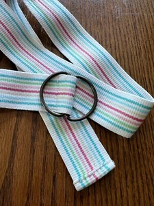 Vintage 80s 90s Light Rainbow Stripe D Ring Belt 1 1/2" by 38" long - Picture 1 of 4
