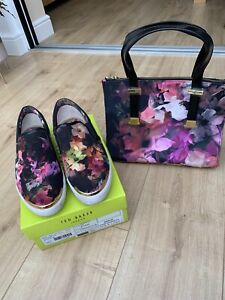 LADIES TED BAKER SLIP ON SHOES SIZE 8 AND MATCHING HANDBAG FLORAL PRINT EC