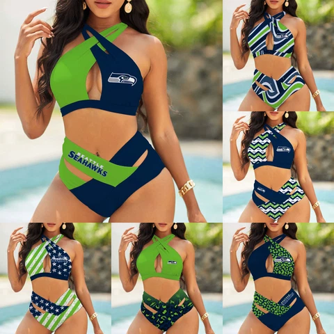 Seattle Seahawks Women 2PCS Halter Bikini Set Criss Cross High Waisted Swimsuit Cover
