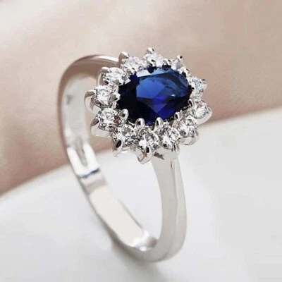 18K White Gold Filled Made With Swarovski Crystal Oval Sunflower Royal Blue Ring Foto 1 de 4