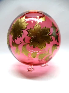 Jarrón vintage bohemio checo arándano rojo cristal cuenco flores doradas pintadas a mano - Imagen 1 de 16