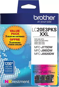 Nuevo Genuino Brother LC20E Cian Magenta Amarillo 3PK Cartuchos de Tinta Bolsa - Imagen 1 de 2