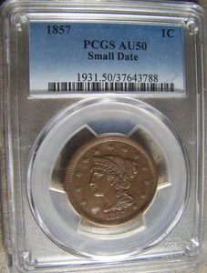 1857 Braided Hair Large Cent - Small Date - PCGS AU50 -- 333.456 Mint - Bild 1 von 2