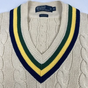 Suéter de Cricket Universitario Polo Ralph Lauren De Colección Talla Mediana Cuello en V Tejido con Cable Raro - Imagen 1 de 13