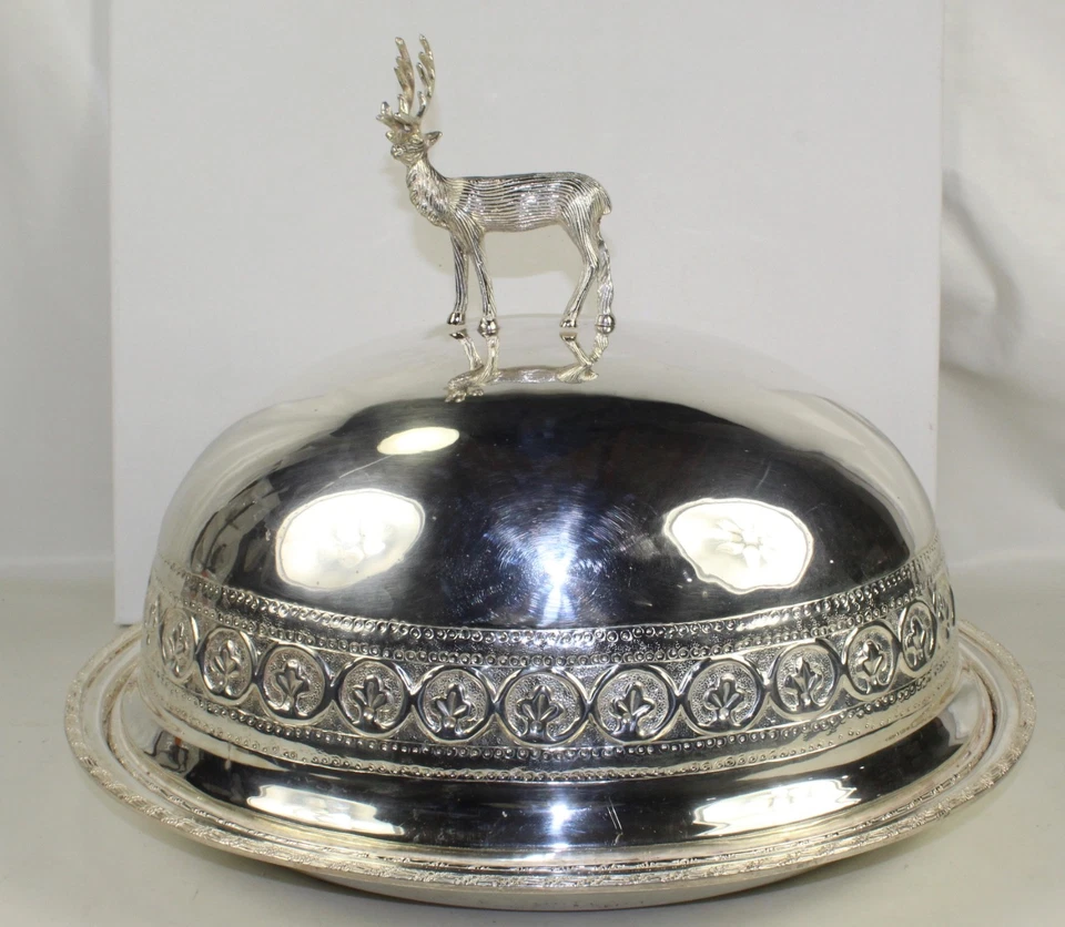 Plato de carne antiguo grande de plata con mango de ciervo cúpula 19" L, 15" de alto Foto 1 de 4