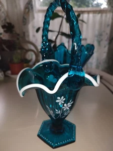 Signed Fenton Art Glass Turquoise Blue handled basket 2001 Museum Collection Mt - Picture 1 of 14