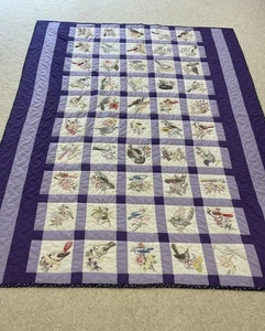 Vintage Americana 50 States Birds And Flowers Handmade Quilt Purple Floral 74*96 - Picture 1 of 8