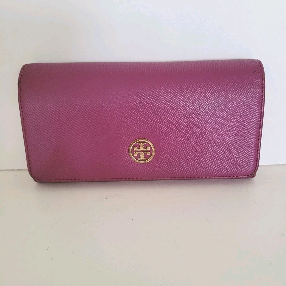 Bolso sin asas largo Tory Burch púrpura rosa cuero saffiano Enveloe grande  Foto 1 de 4