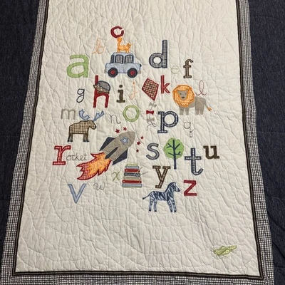 POTTERY BARN KIDS Blue Gingham Alphabet Quilt ABC Baby Crib Toddler Animals - Image 1 of 4