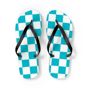 Turquoise Checkered  Sandals, Beach Shoes, Vacation Flip Flops, Pool Slides - Picture 1 of 13