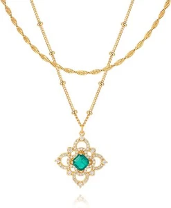 Layered Necklace for Women Dainty 14K Gold Plated Charm Emmeral Clover Pendant - Picture 1 of 6