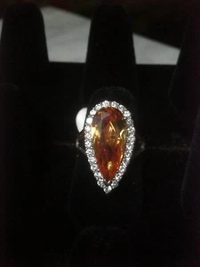 Sterling Silver Very Beautiful Pear Shaped Champiagn Peach Ring CZ Surrounded--8 - Picture 1 of 5