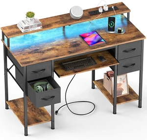 120CM Computer Desk with 4 Fabric Drawers Gaming Desk with LED Lights & Power Ou - Picture 1 of 11