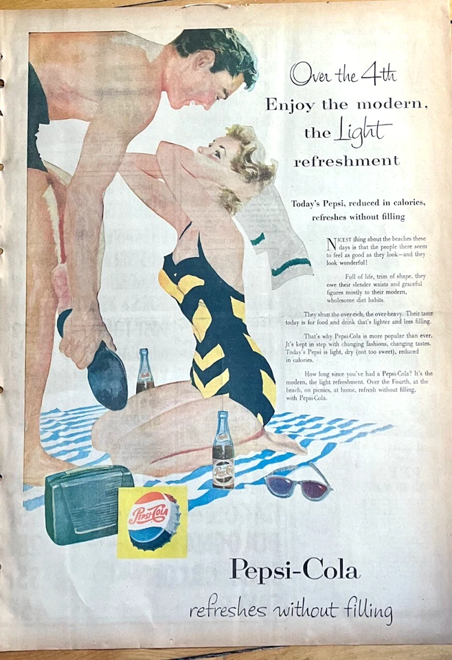 1954 full page newspaper ad for Pepsi Cola - Over the 4th Enjoy, Beach scene - Image 1 of 1