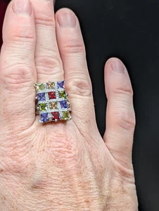 Multi Colored Gemstone Sterling Silver Cocktail Ring Purple Yellow Green & RED - Picture 1 of 18