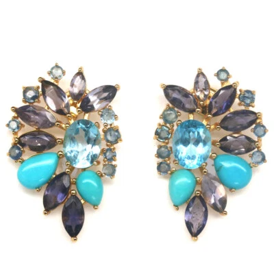 Edelstein Himmelblau Topas, Trequoise, Iolite & Saphir 925 Silber Ohrringe - Bild 1 von 4