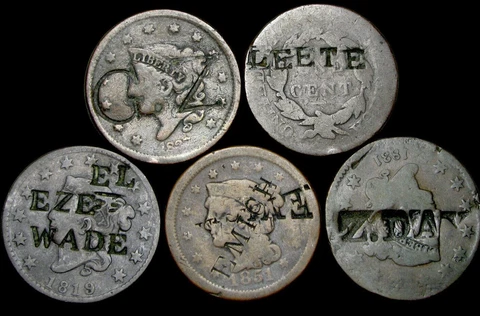 Lot of 5 Braided Hair Coronet Head Large Cent Penny Counterstamped Coins  #JL432 Cover