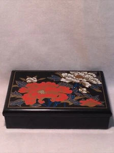 Vintage Set 1980s black Asian Floral travel tissue box & Jewelry Case ORIENTAL - Picture 1 of 9
