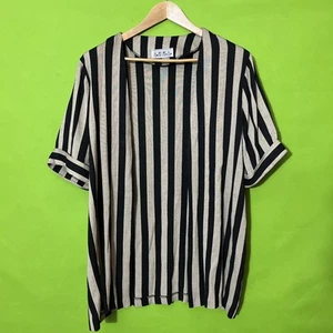 One Size 80s/90s Cardigan Women Black Beige Striped Open Long Duster Lightweight - Picture 1 of 5