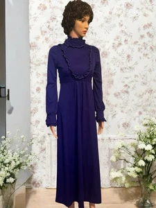 Vintage 70s Victorian Maxi Dress Ruffle High Neck, Bodice Purple Womens Sz 28”w - Picture 1 of 5