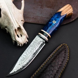 Wild Blades 10.2" Half Tang Hunting Knife Handmade EDC Damascus + Leather Sheath - Picture 1 of 12