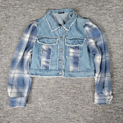 Miss Me Destructed Denim Cropped Jacket Pieced Plaided Flannel Crochet Large - Image 1 of 4