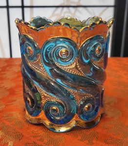 Dugan National Glass Sapphire Blue & Gold Carnival Glass Vase S-REPEAT Pattern - Picture 1 of 3
