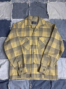 True Vintage 60s Pendleton Cream Plaid Wool Loop Collar Flannel Men’s Medium - Picture 1 of 16