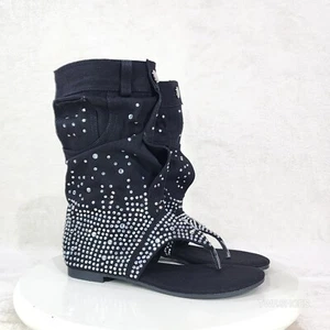Perplex Black Denim & Rhinestones Sandal Slouch Boots Shooties - Picture 1 of 9
