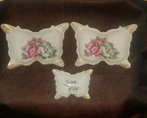 DE COLECCIÓN PLATO DE BARATIJA VANITY Porcelana Flores Rosa DORADO Hecho en JAPÓN Juego de 3 - Imagen 1 de 12
